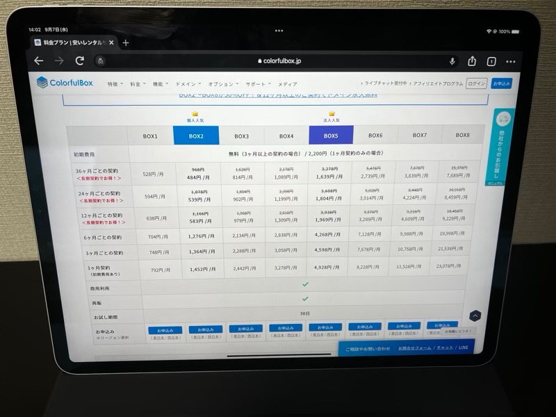 カラフルボックスのプランごとの料金