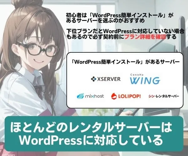 ほとんどのサーバーはWordPressに対応しているがプランによって使えないので注意